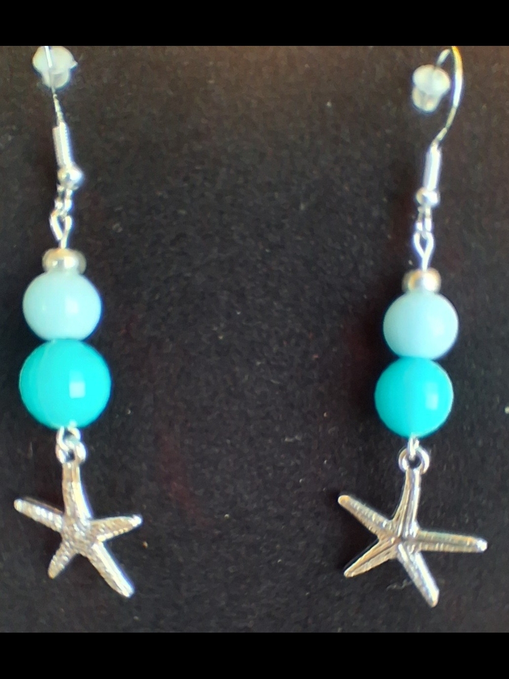 Hand Crafted Silver Tone Starfish Drop Earrings w/ Aqua and Faux Turquoise Beads